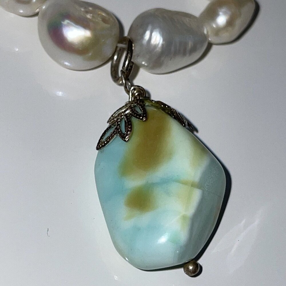 Aqua Peruvian Opal? Tube Beads & Freshwater Pearl Pendant Gemstone Necklace A140 - Picture 5 of 16